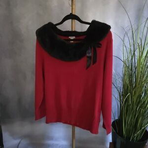 Elegant Red Sweater with Black Fur Collar